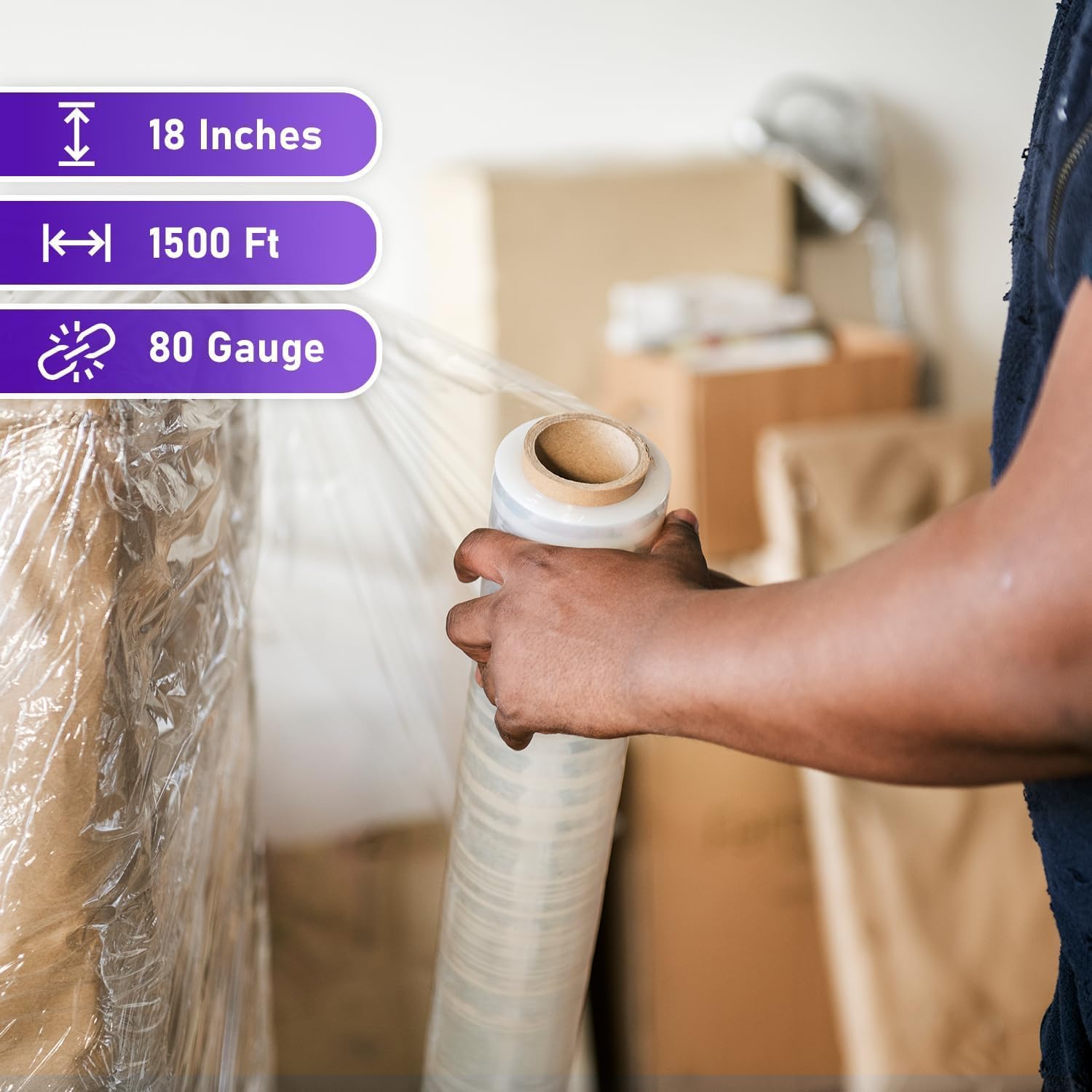 Plastic Prince 18" x 1500 ft Stretch Wrap 80 Gauge, 4 Rolls Pallet Shrink Wrap Heavy Duty Clear Plastic Film for Moving Packing Shipping Storage, Industrial Hand Stretch Film with Strong Cling