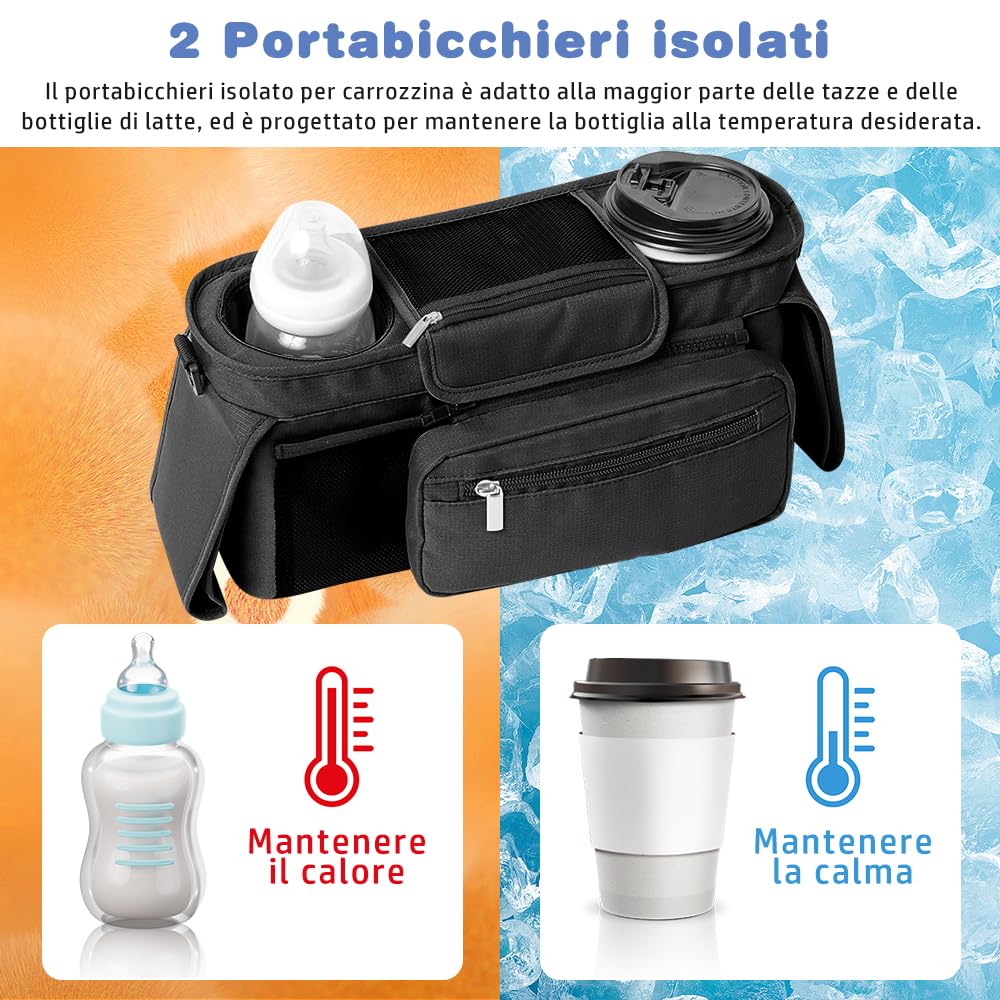 Organiseur de poussette pour bébé avec 2 porte-gobelets, organisateur de poussette avec bandoulière et 2 crochets sécurisés, accessoires de poussette avec poche zippée (noir)