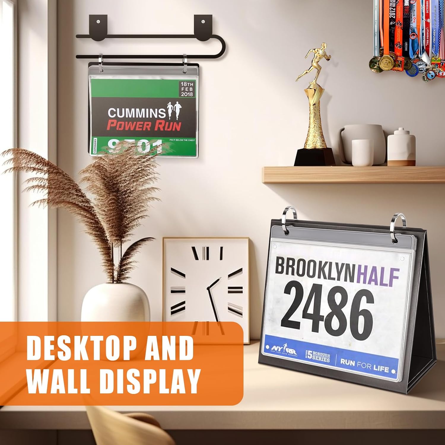 Race Bib Holder with Stand, Runner's Race Bib Desktop Display Album, 20 Vinyl Sheet Protectors/Pack