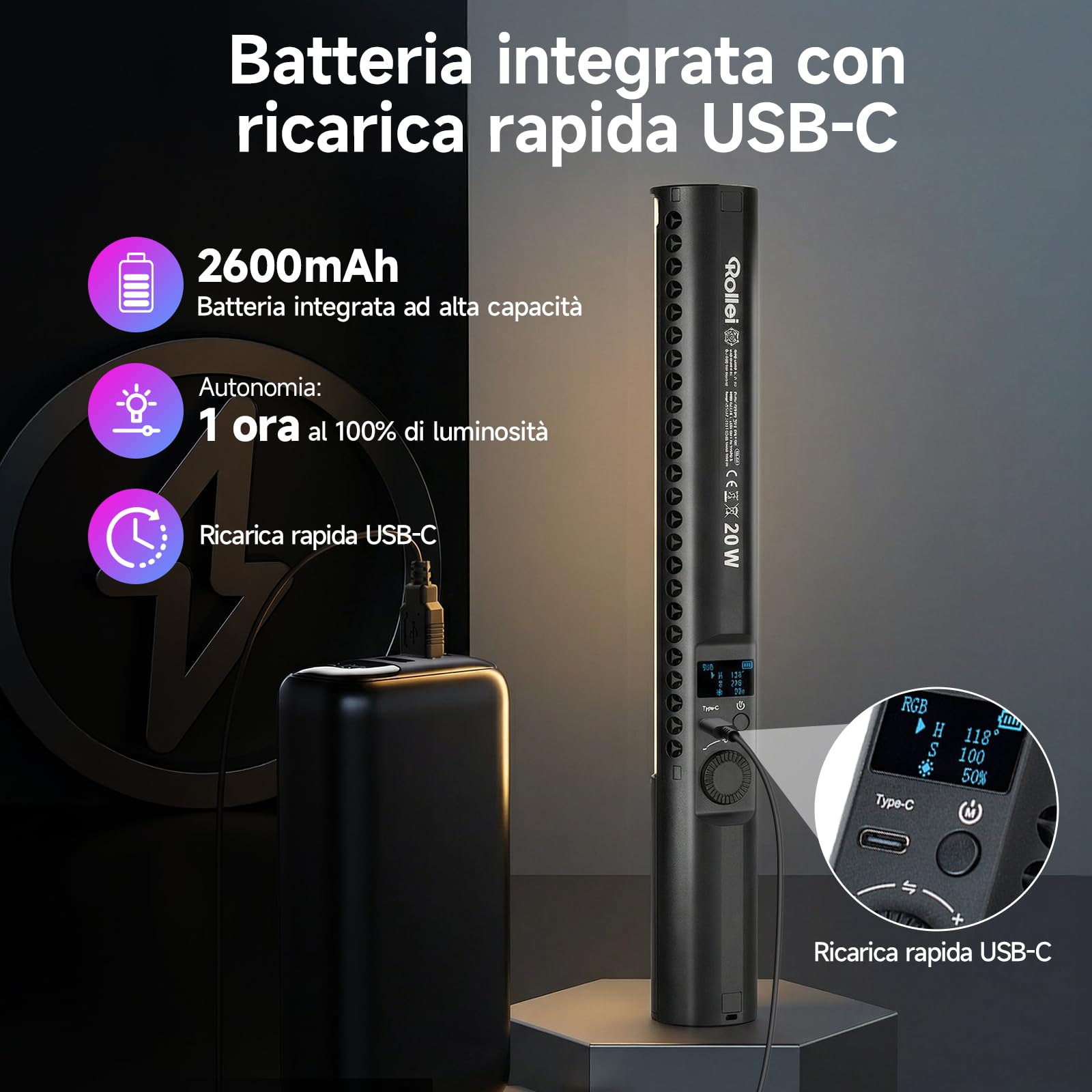 Spada Led Fotografia, Rollei Lumis Glow 20 W RGB Tubo Fotografico per Video 360° 1800~9000K e 20 Effetti, Lampada Foto per Lightpainting Portatile, Spada-Led-Fotografia-Tubo-Video