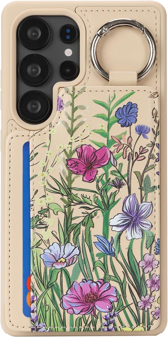 Havaya for Samsung Galaxy S25 Ultra Case Wallet with Card Holder Keychain Ring Stand PU Leather Phone case Floral Flower with Credit Card Slots Women Men-Beige Flower 3 - Image 4