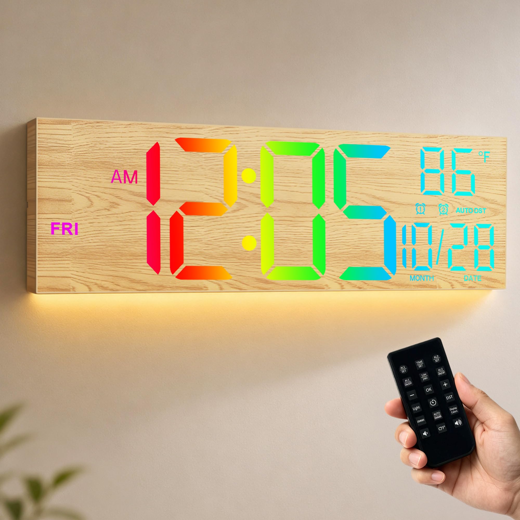 Orologio da parete digitale a LED, 42 cm, con luce notturna, funzione di regolazione automatica, 2 sveglie, 8 colori RGB, indicatore della temperatura, telecomando, orologio da parete per