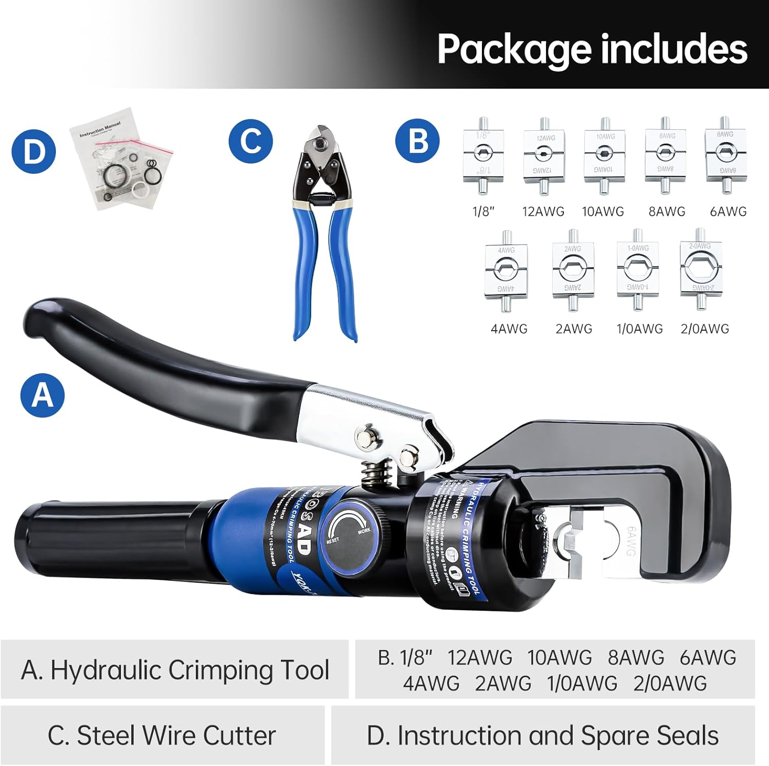 IBOSAD Hydraulic Hand Crimper Tool for Stainless Steel Cable Railing Fittings for 1/16" 1/8" 3/16" Cable –Wire Swaging Tool 8 Ton and Stainless Steel Cable Cutter,1/8” Wire Rope Crimping Tool