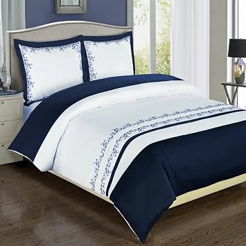 Royal Hotel Bedding Navy and White Amalia 3 Piece King/Cal-King Embriodered Duvet-Cover-Set, 100% Cotton