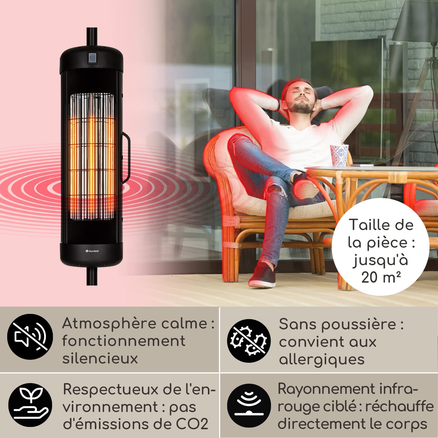 Klarstein Chauffage Electrique à Infrarouge, Chauffage de Jardin 2000W, Terrasse Exterieur IP54, Efficacité Energétique, Fixer Sur Parasols de Jardin, d'Appoint Econome, Sans CO2