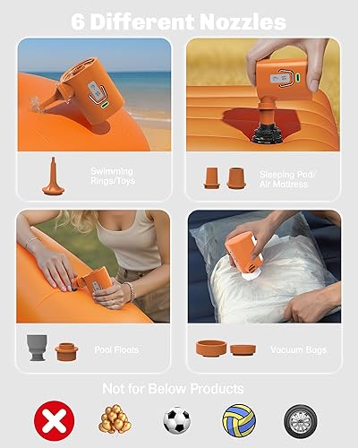 Miniatura 5 de Bomba de aire portátil para inflables, mini inflador eléctricorecargable con luz de campamento de 3 modos, 6 boquillas, 400 lmin ultrarrápida para