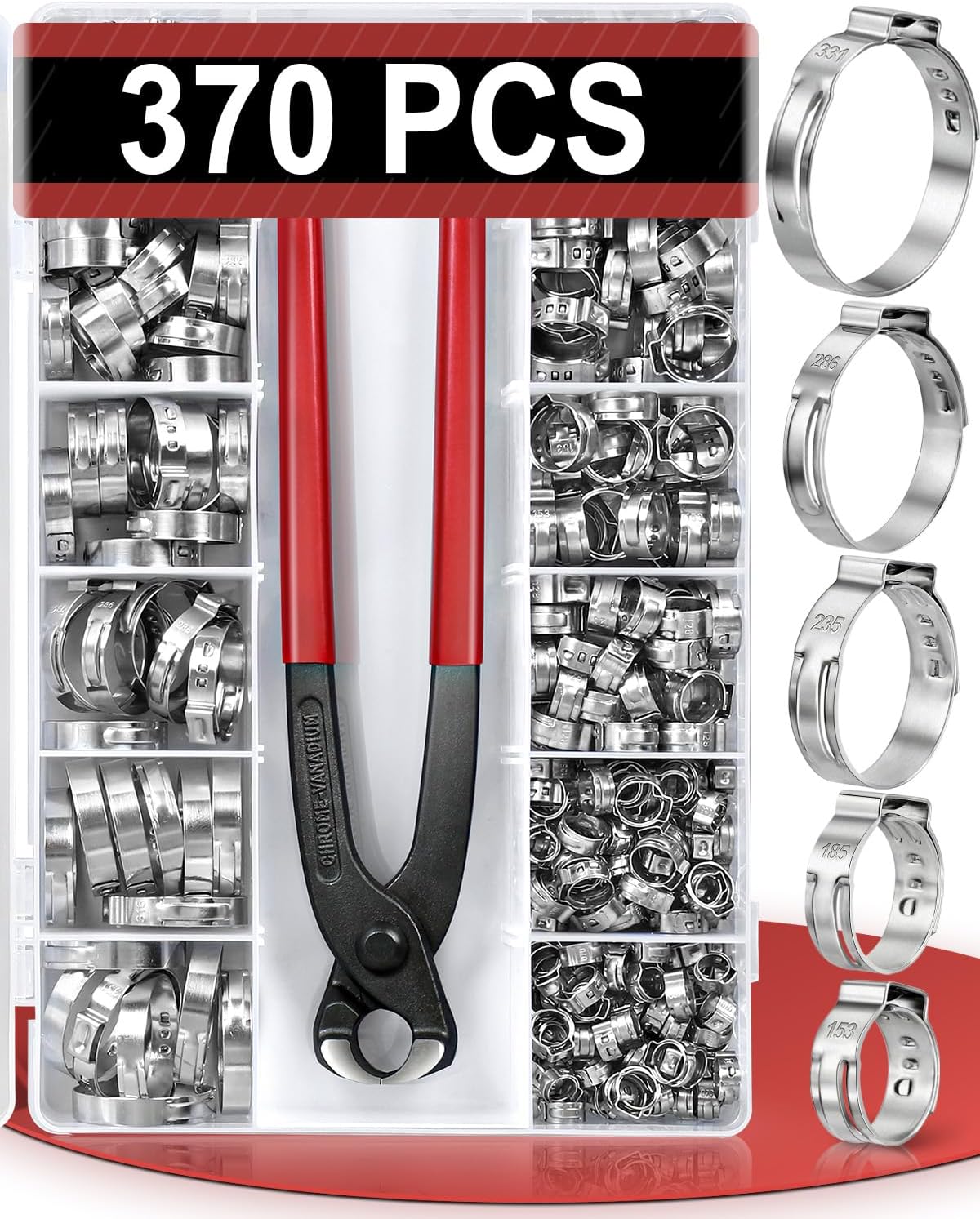 600PCS 22 Sizes Single Ear Hose Clamps, 5.3-33.1mm Crimp Hose Clamps 304 Stainless Steel, Ear Clamp Perfect for Automotive, Home Appliance Line, Pipe Hoses and Industry Use