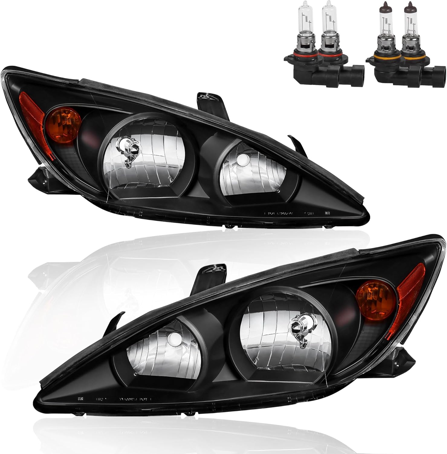 Headlights Assembly Replacement Compatible with 2007 2008 2009 Toyota Camry Halogen with Clear Lens Black Housing Amber Reflector Front Lamps Driver and Passenger Side 8113006201