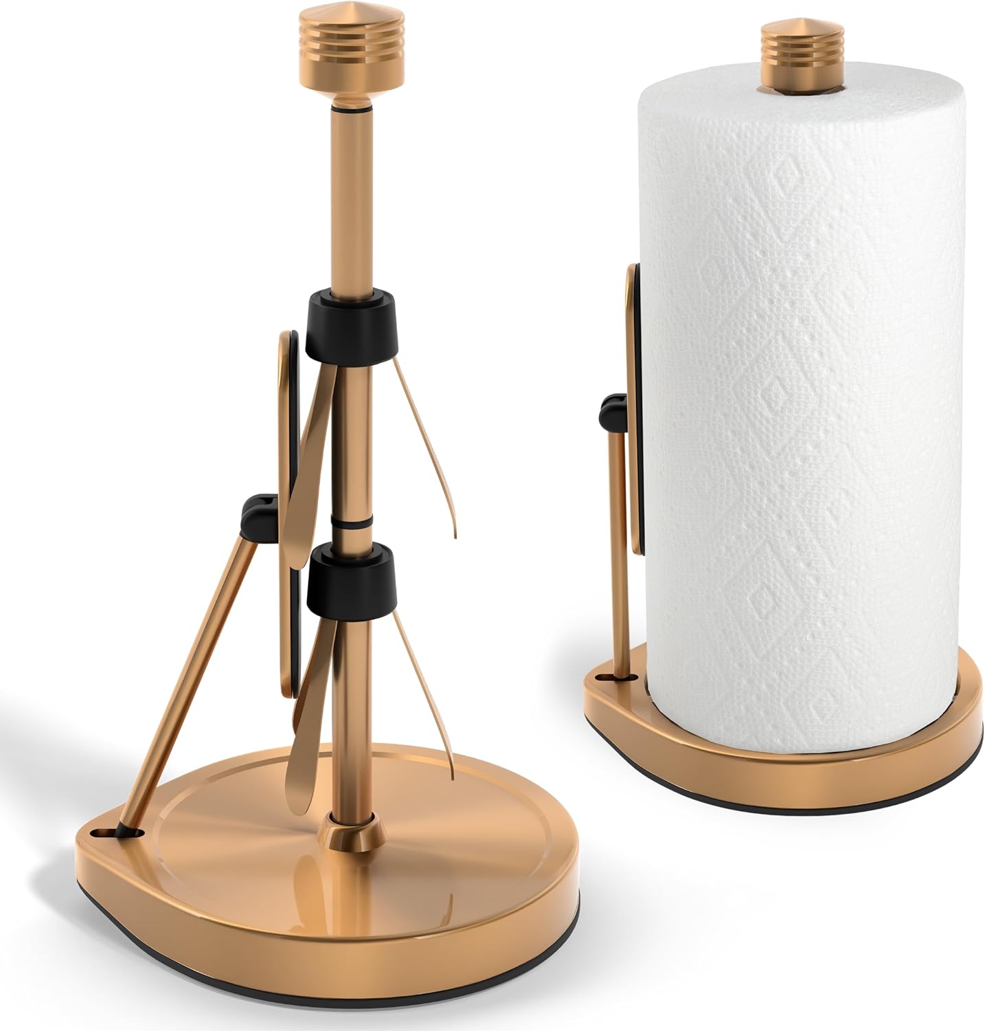 Stainless Steel Tension Arm Paper Towel Holder - Easy One-Handed Operation - This Sturdy Weighted Paper Towel Dispenser Countertop Model Has Suction Cups and Holds All Paper Towel Rolls (Gold)