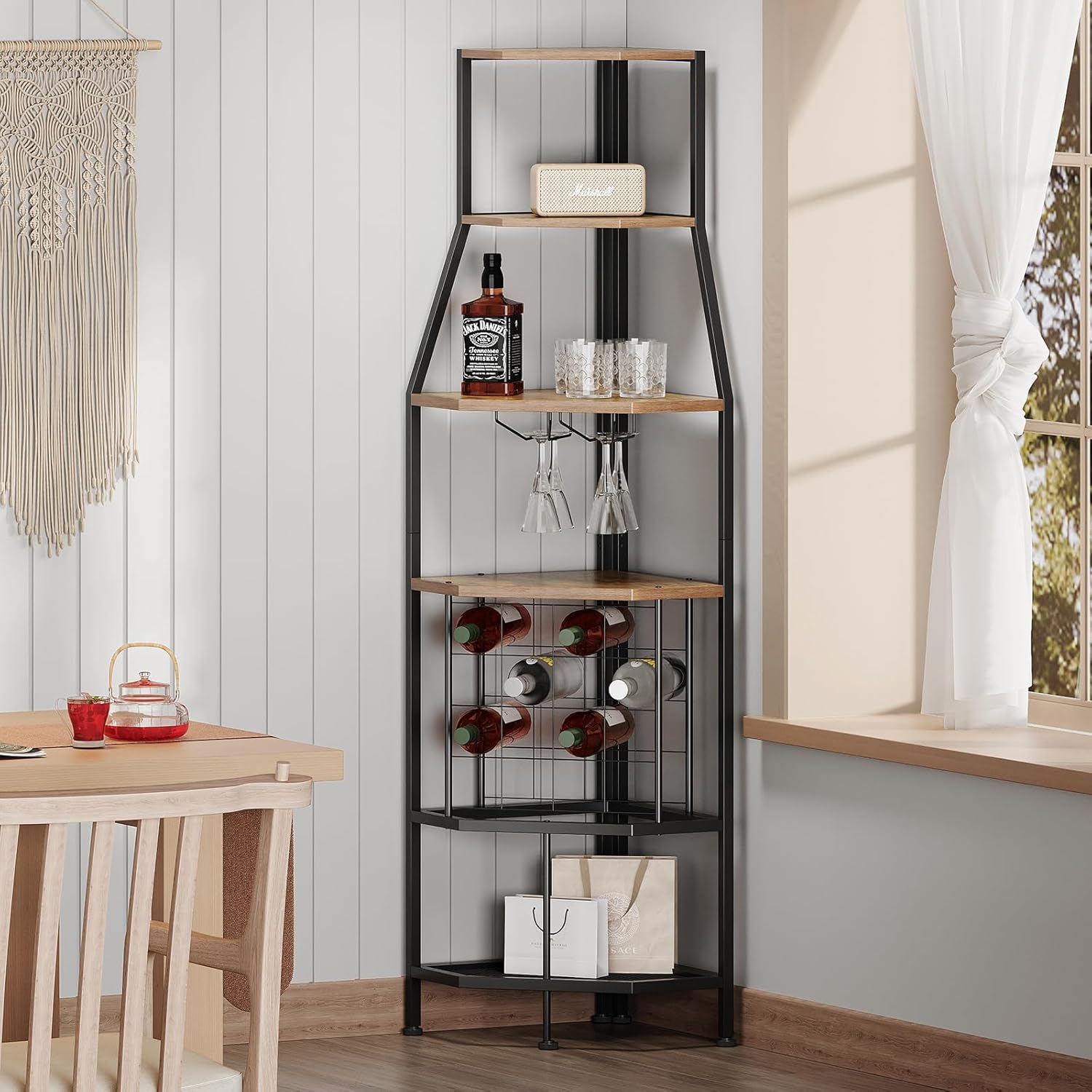 5-Tier Corner Wine Rack Floorstanding with Glass Holder and Bottles Wine Storage Home Bar Furniture for Home Kitchen Dining Room Industrial Metal and Wooden Corner Shelf