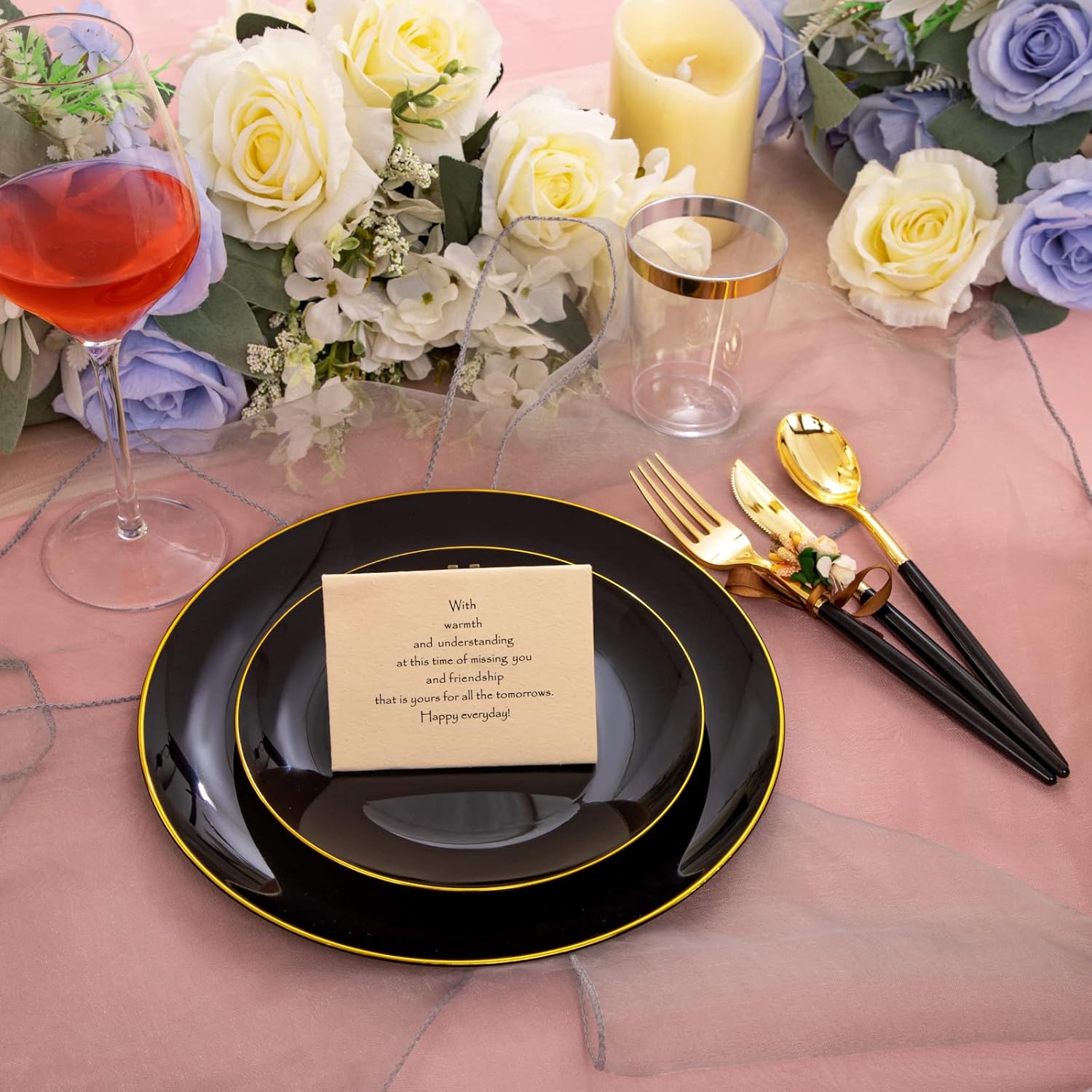 LIYH 180 Pcs Black Plastic Dinnerware Set with Gold Silverware, Black Plastic Plates Disposable Heavy Duty Disposable Utensils Set for Parties, Birthday