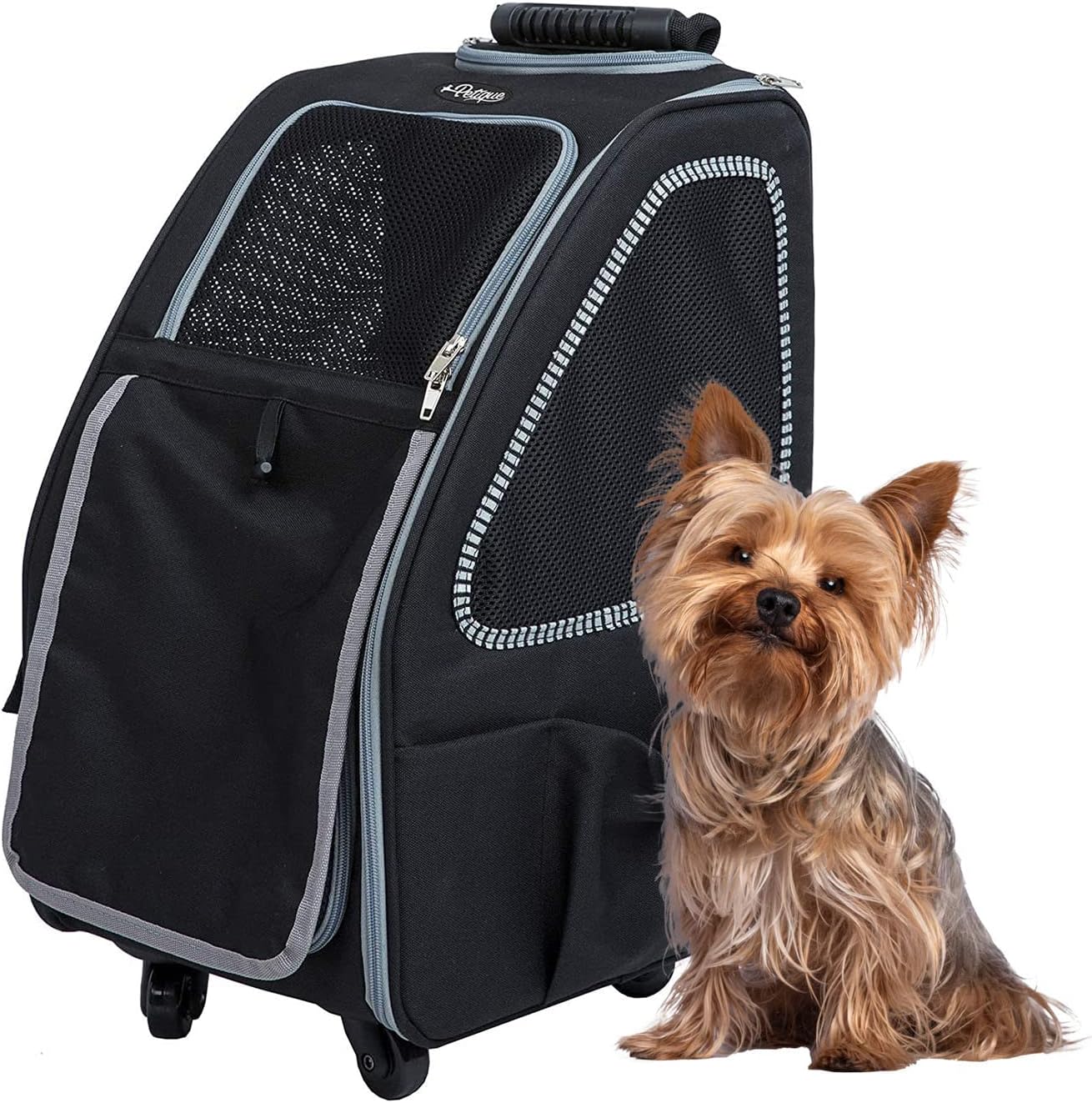 Petique 5-in-1 PET Carrier, Features: Rolling, Top Handle, Backpack, Luggage Attachment, Car Seat All in ONE for Small to Medium Dog, Cat, Bunny, Supports Pets up to 25LBS – Pepper