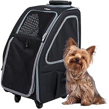 Petique 5-in-1 PET Carrier, Features Rolling, Top Handle, Backpack, Luggage Attachment, Car Seat All in ONE for Small to Medium Dog, Cat, Bunny, Supports Pets up to 25LBS - Pepper