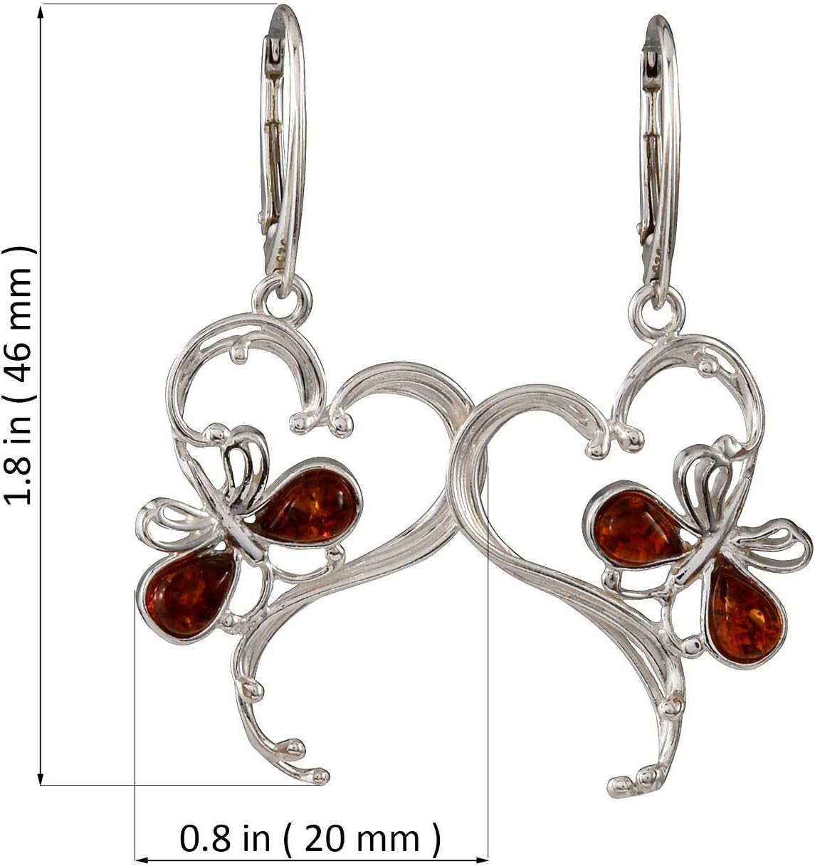 Amber Earrings - Baltic Honey Amber French Leverback Butterfly Heart Earrings - Sterling Silver Jewelry Collection