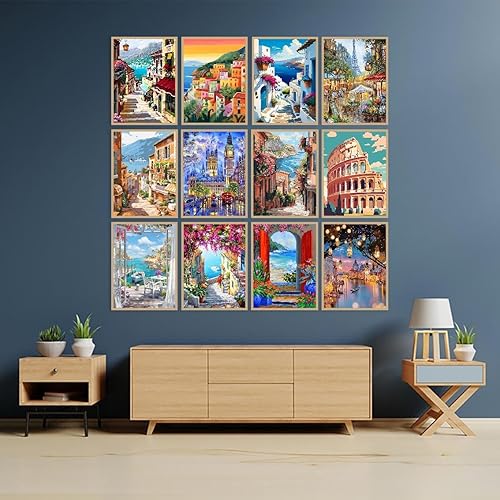 Miniatura 6 de laundeet Paquete de 12 kits de pintura de diamantes para adultos, juego de pintura de diamantes de paisaje para regalo, decoración de pared del