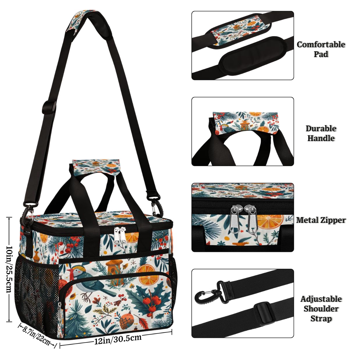 Insulated Picnic Backpack Lunch Box for Women Men Picnic Basket Tote Lunch Bag Picnic Bag Portable Lunch Bags for Picnic, Beach, Work, Trip,Office, Camp Christmas Bird