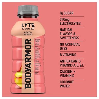 BODYARMOR LYTE, Peach Mango, Electrolyte Drink, 15 Calories, 12 Fl Oz Bottles (8 Pack), Coconut Water Sports Drink, Natural Flavor & B Vitamins