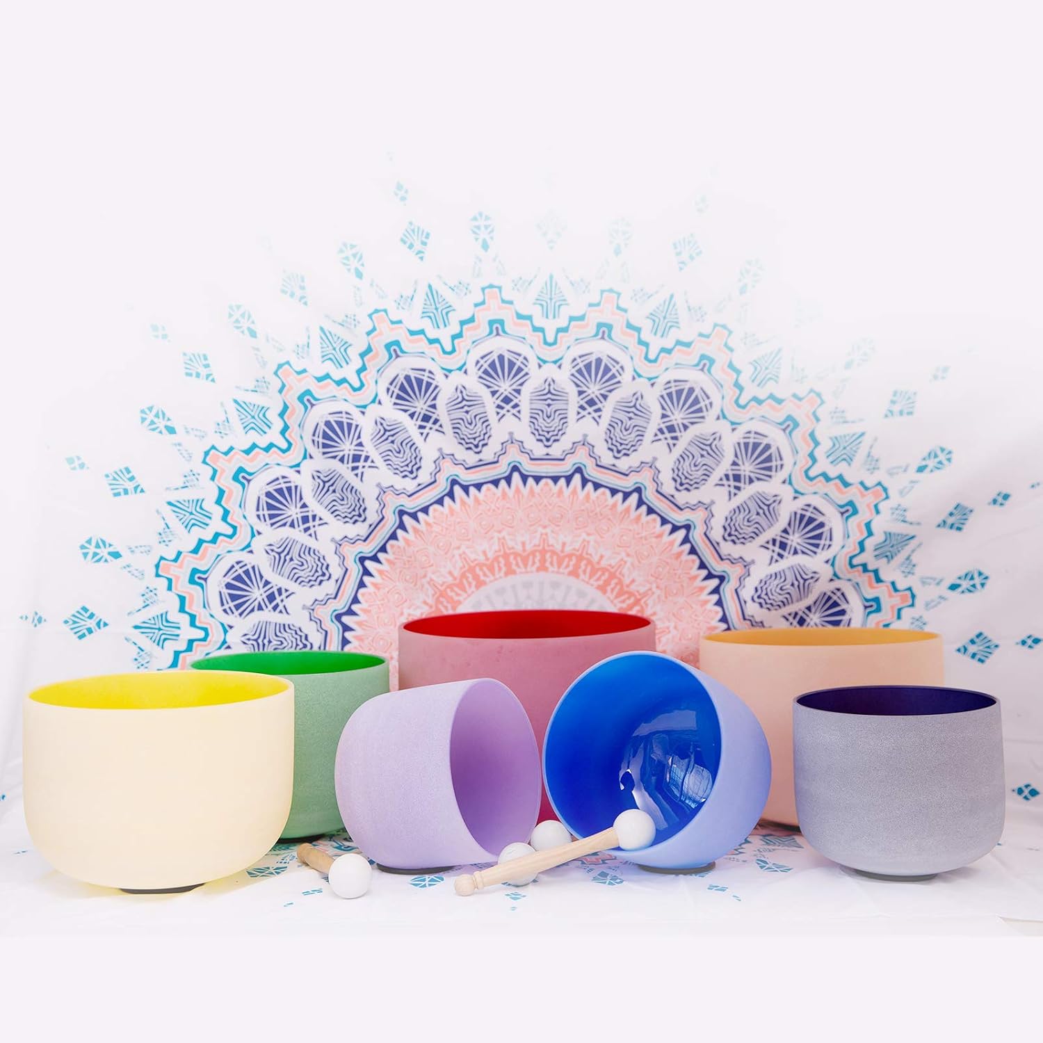 6"-12" 432Hz Chakra Tuned Set of 7 Colored Frosted Quartz Crystal Singing Bowl