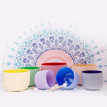 6-12 432Hz Chakra Tuned Set of 7 Colored Frosted Quartz Crystal Singing Bowl