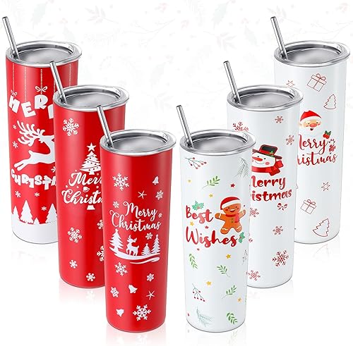 Juego de 6 vasos de Navidad de 20 onzas, taza de Navidad de viaje de acero inoxidable con tapas, pajitas y cepillos, doble aislamiento, vaso de