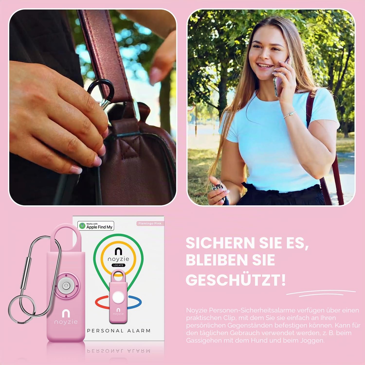 Personenalarm für Frauen mit GPS-Tracker – finde geliebte Menschen über Apple „Wo ist?“ App – USB-ladbarer 130dB Sicherheitsalarm, Bluetooth-Schlüsselfinder & Batterieanzeige Rosa GPS