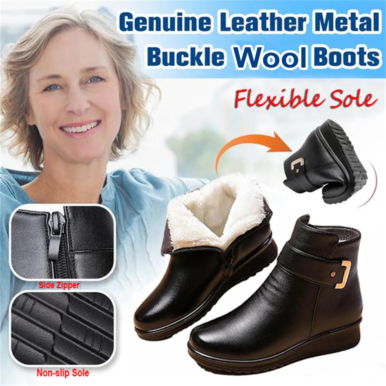 Bottes orthopédiques en cuir véritable avec boucle en métal pour femme - Chaudes et antidérapantes - En velours - Pour l'hiver