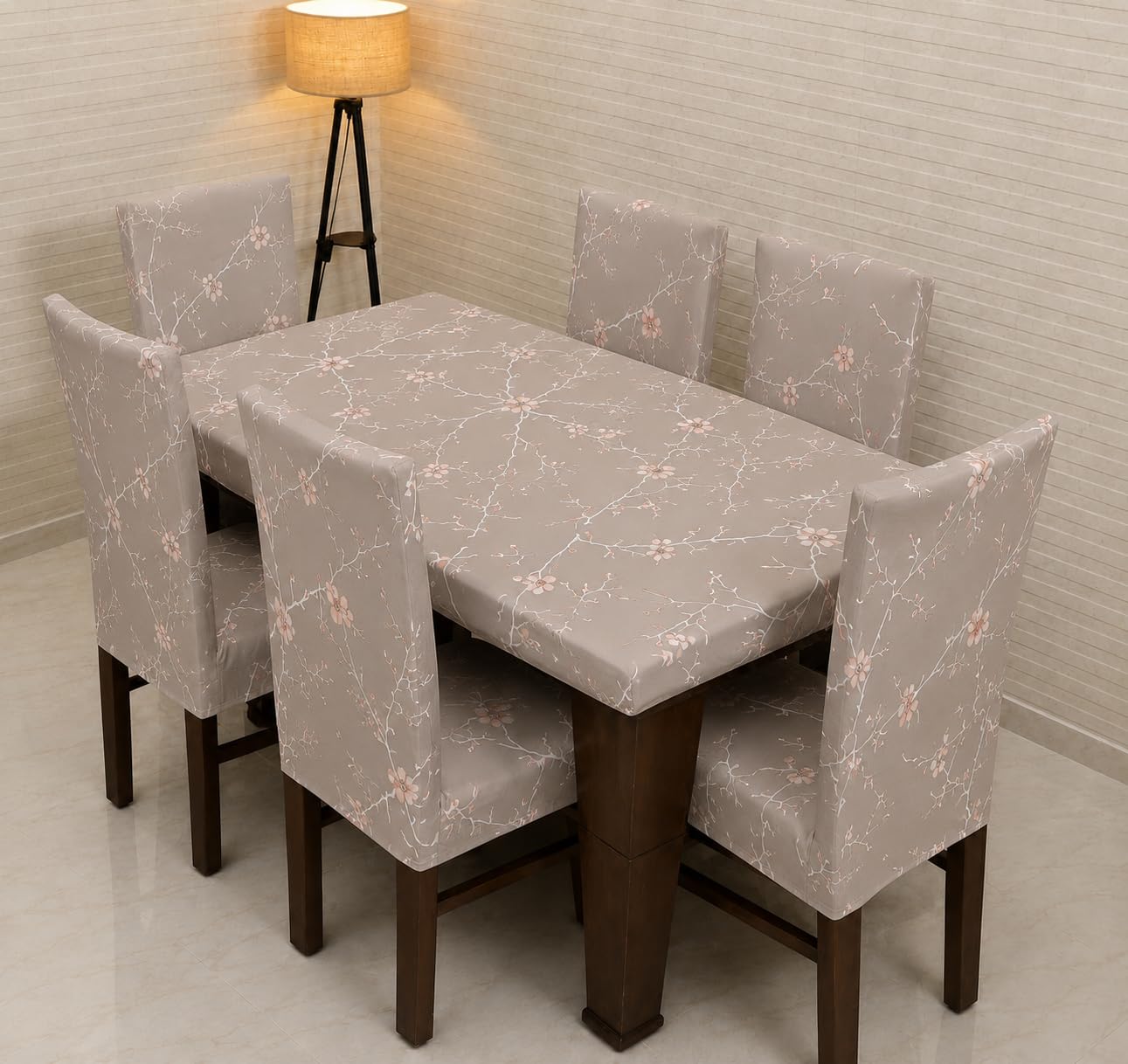 Polycotton Chair Covers Set of 6 with Table Cover are Stretchable slipcover & Easily Washable Dining Chair Cover for Home use - Black_01 (Light Grey)-image-26