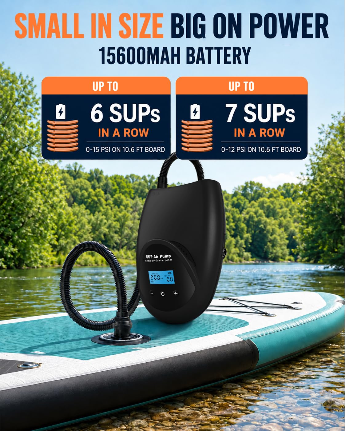 TONSIM 20PSI Kabellose SUP-Pumpe, Akku-Luftpumpe mit 15000mAh, Hochdruck-Zweistufige Inflation & Auto-Abschaltung, Kompakte Pumpe für Paddelbretter, Kajaks & Camping