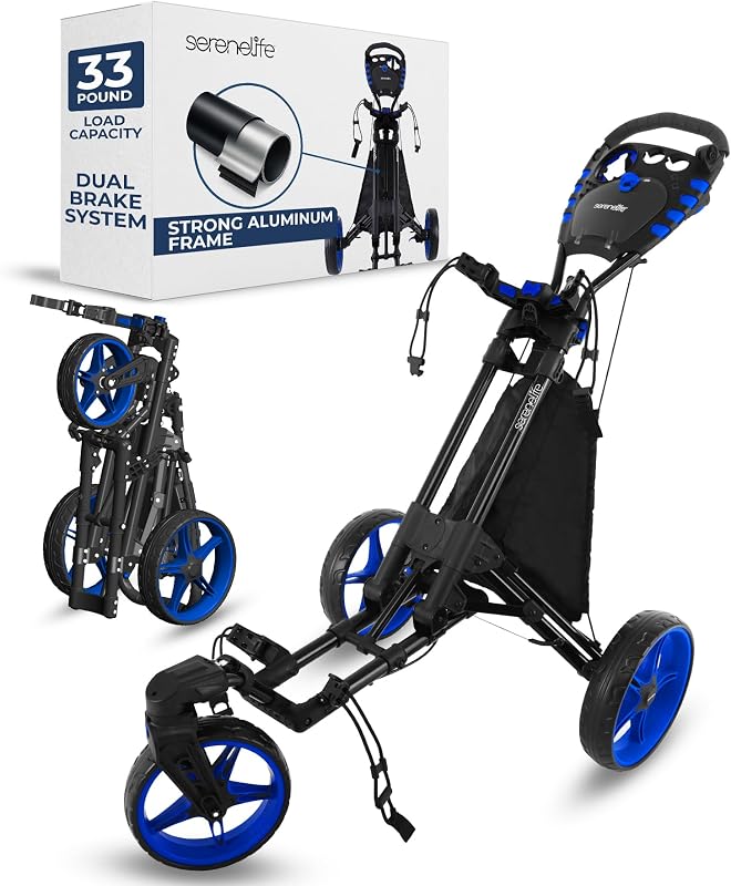 SereneLife Golf Push Pull Cart – Lightweight, Foldable, Bag Holder with Adjustable Handle, Caddy Accessories, Compact Folding Golf Trolley for Travel
