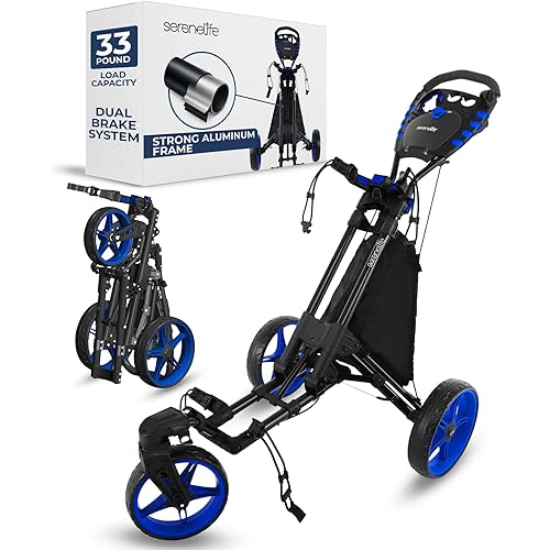 SereneLife Golf Push Pull Cart – Lightweight, Foldable, Bag Holder with Adjustable Handle, Caddy Accessories, Compact Folding Golf Trolley for Travel