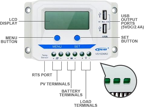 EPEVER Solar Charge Controller 10A 12V/24V with Dual USB Ports Output PWM Solar Panel Battery Charging Regulator LCD Display for Solar System (10A)
