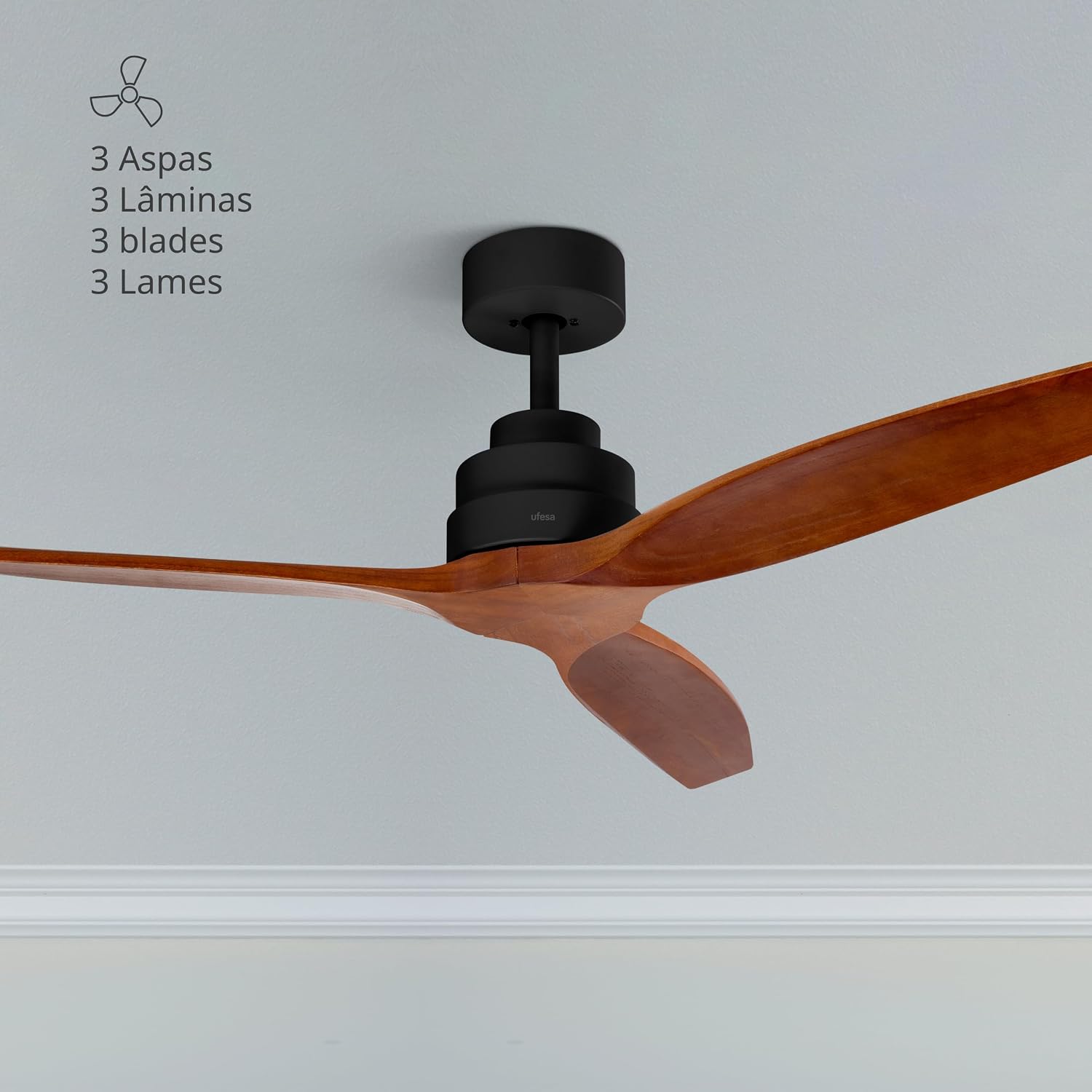 Ufesa CFTB ceiling fan with three dark wood blades installed on a white ceiling.