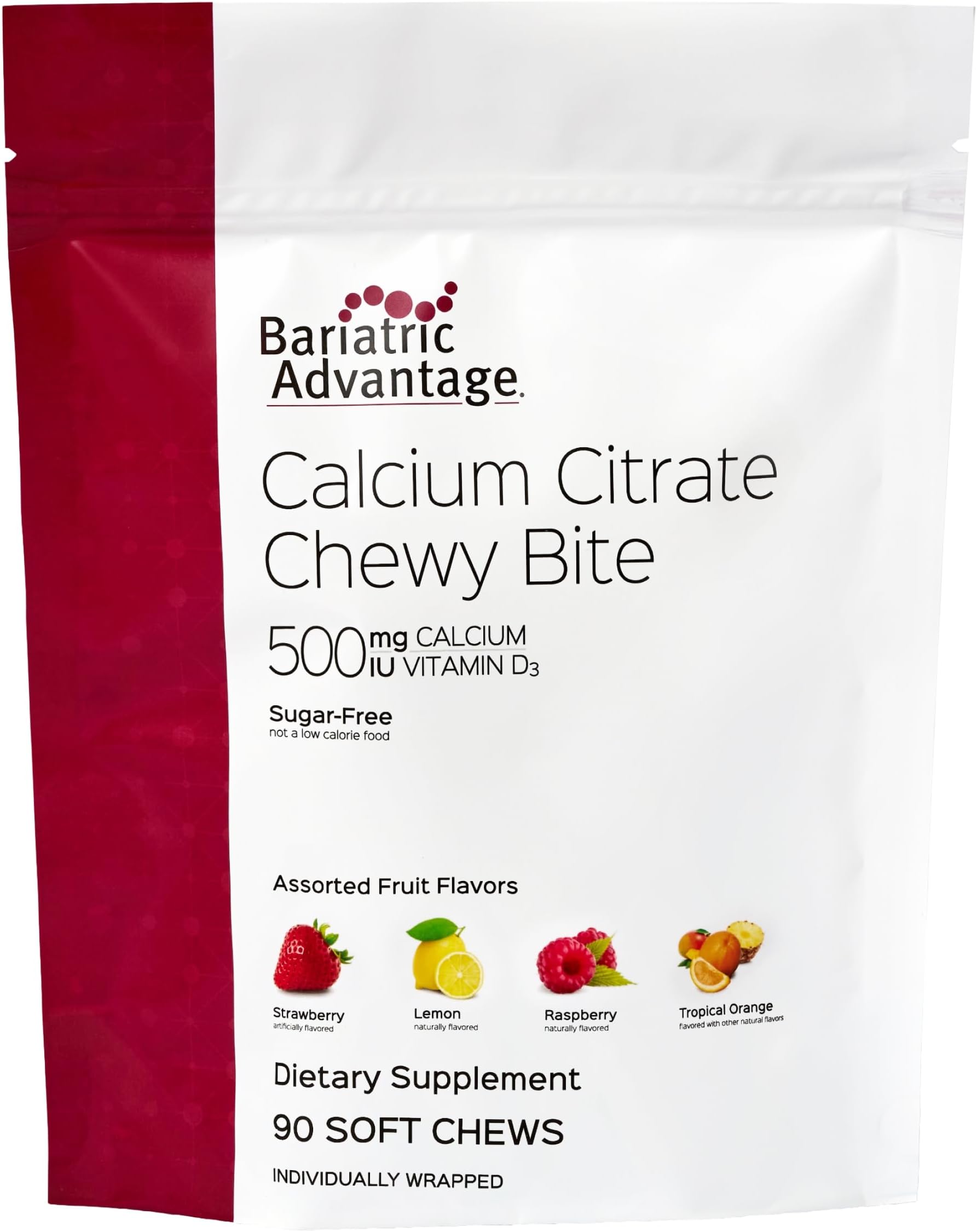 Calcium Citrate Chewy Bites, Assorted Fruit, 90 Ct | 500 mg Calcium Citrate, Highly Absorbable and Digestible, with Vitamin D3, Easily Chewable Calcium Supplement