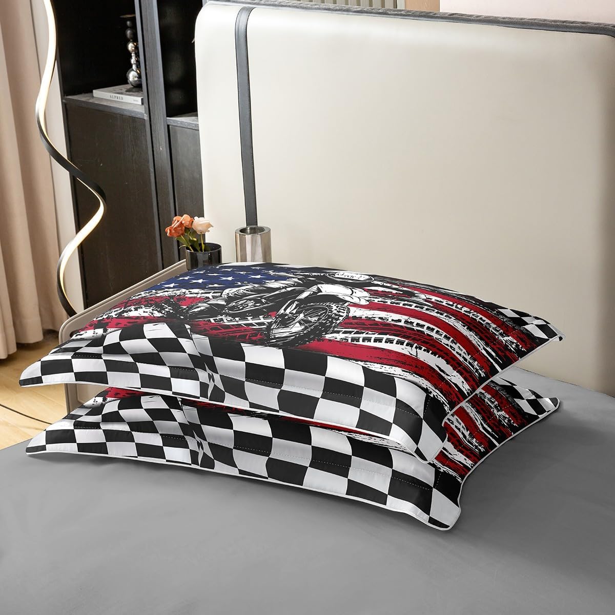 jejeloiu Dirt Bike 100% Cotton Duvet Cover Twin Size Kids Black White Checkered Comforter Cover Boys Girls Teens American Flag Bedding Set Breathable Racing Motocross Rider Bedroom Decor Bedclothes