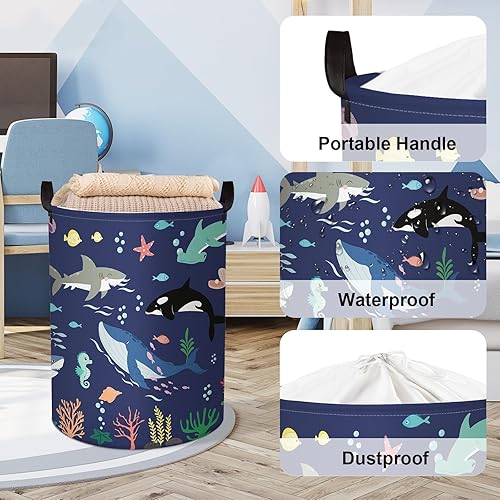 Miniatura 4 de Clastyle Cesta de lavandería impermeable para niños de 45 litros para dormitorio, plegable, tiburón, tortuga marina, pulpo, con cordón, 14.2 x 17.7