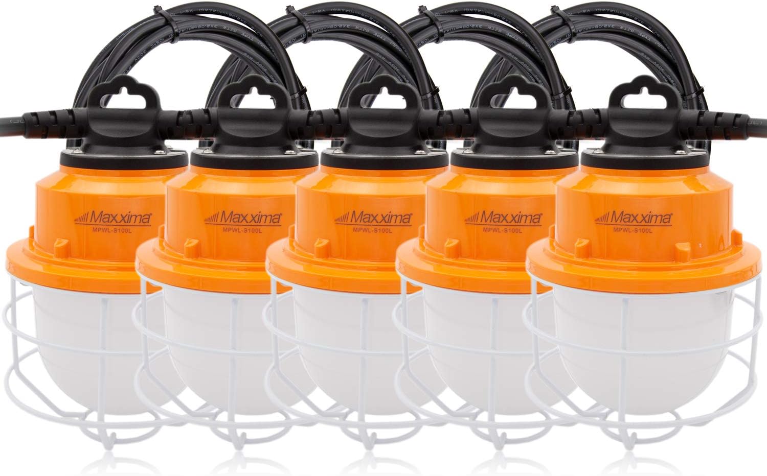 Maxxima Heavy Duty LED Construction String Light - 10,000 Lumens 100 Watts, 50 Ft, Linkable, 5000K Daylight, IP65, Ideal for Portable Job Site or Shipyard Lighting Needs