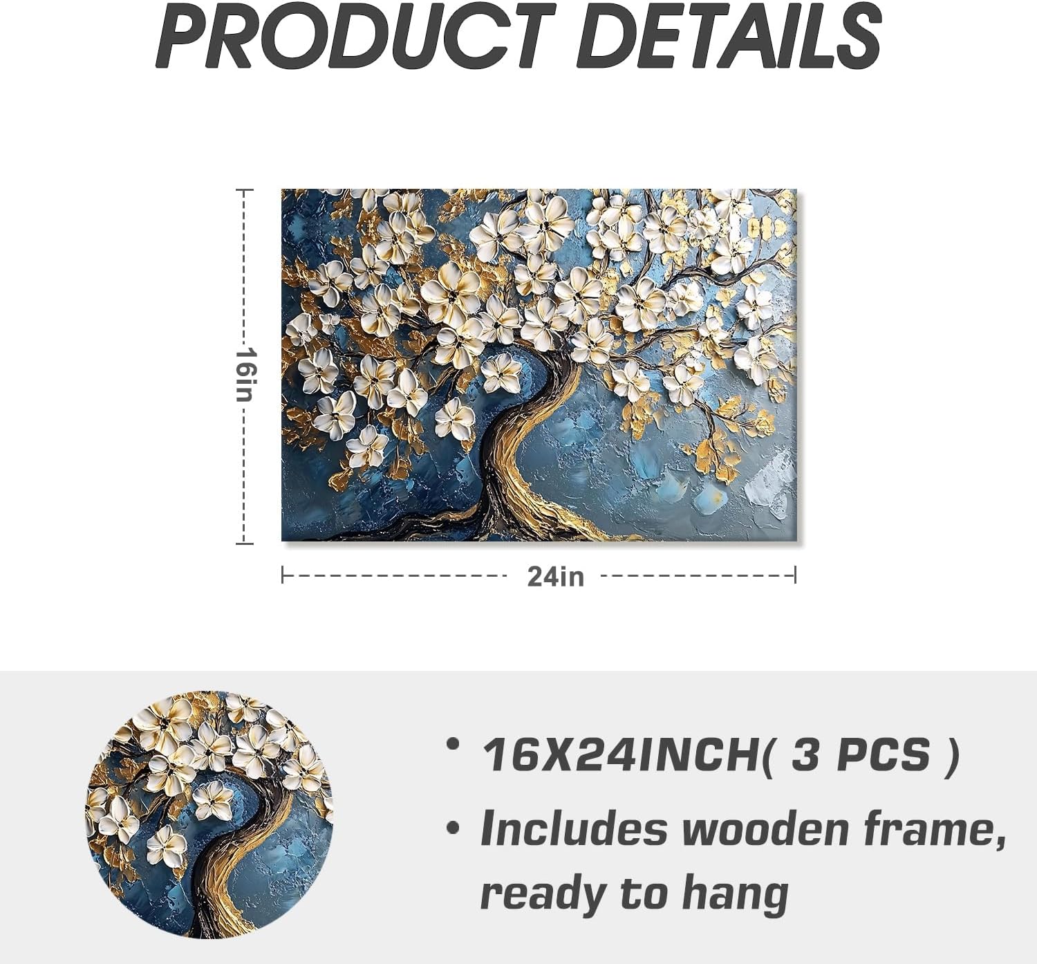 EEYNAQQ Tree of Life Wall Art Canvas Print Gold and White Floral Tree Painting Artwork 24x16 Inch Elegant Botanical Picture Wall Decor Modern Blossom Framed Poster for Living Room Bedroom Office