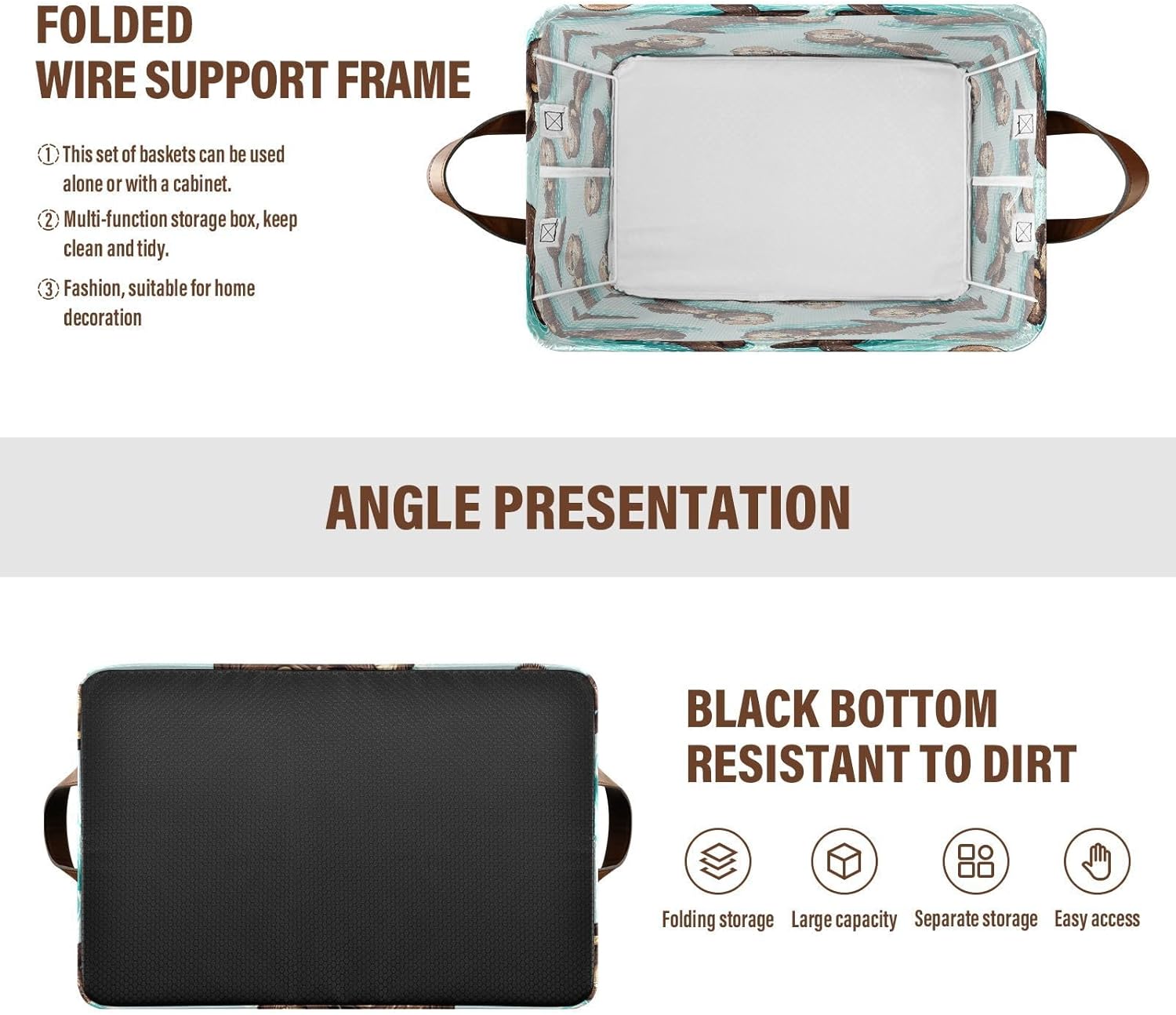 Large Storage Basket Sea Otters Foldable Storage Box Organizer Bins with Handles for Shelves Home Office, 2PCS