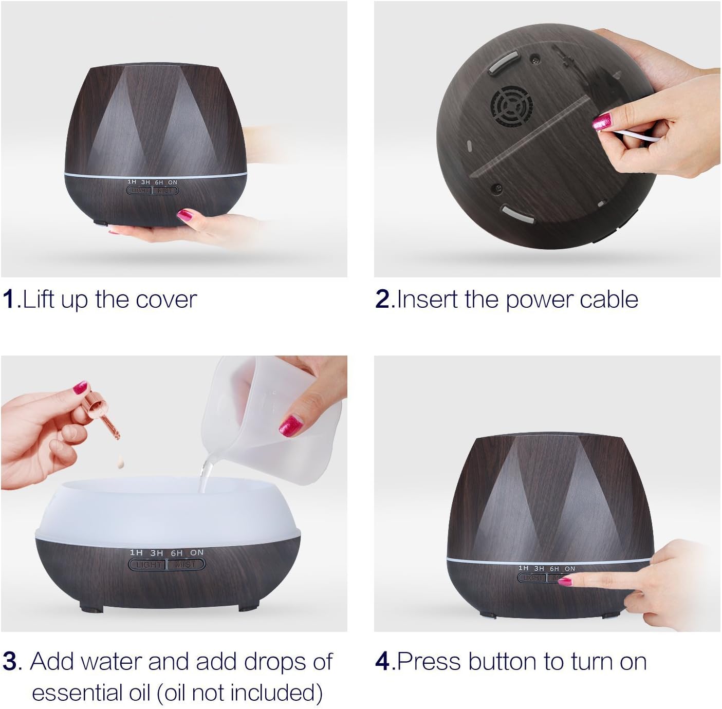 Four-panel image showing steps to set up the Miserwe diffuser: 1. Lifting the cover, 2. Inserting the power cable, 3. Adding water and essential oil, 4. Pressing the button to turn on.
