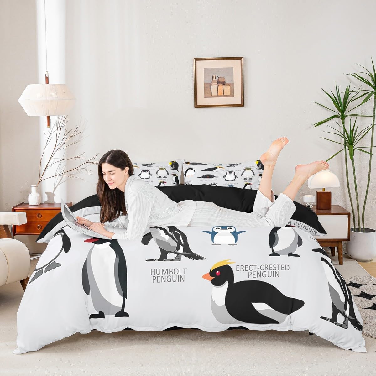 Erosebridal Penguin Comforter Cover Queen Size,Black White Penguins Bedding Set Cute Animal Duvet Cover for Kids Boys Girls Teens,Wildlife Grey Bedspread Cover with 2 Pillow Cases Bedroom Decor