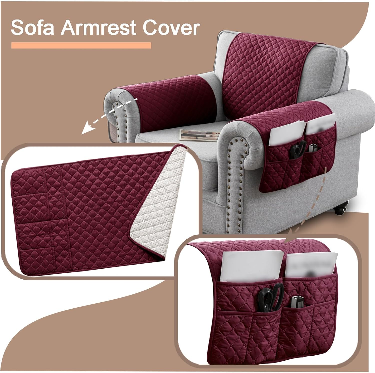 Waterproof Sofa Armrest Cover 1 2 3 Seater Headrest Cover for Recliner Nonslip Quilted Chair Arm Cover, Armchair Slipcover Furniture Protector for Pets Leather Sofa Couch (Wine Red,3-Seate(5PCS))