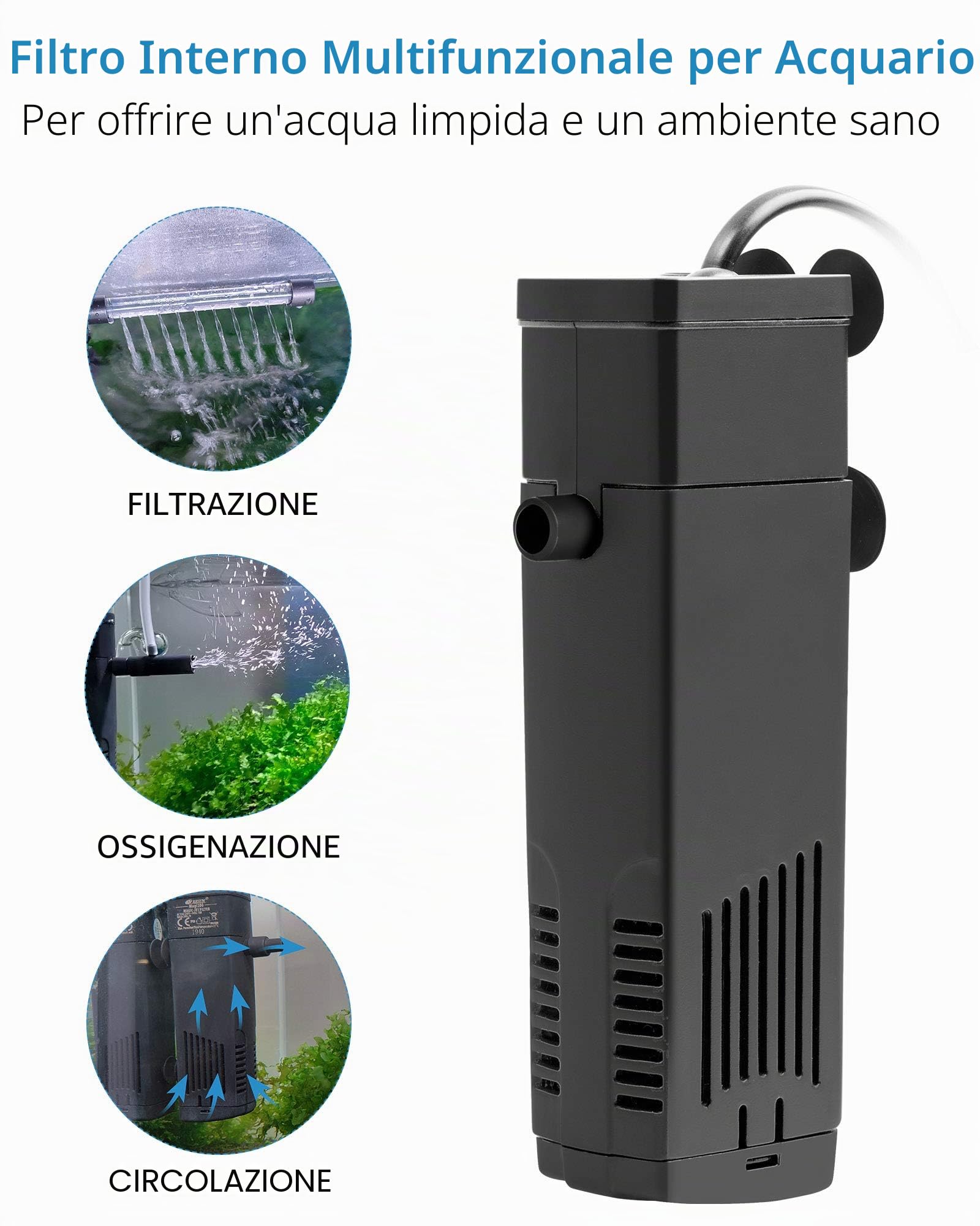 NICREW Filtro Acquario Interno Silenzioso e Potente, Filtro Interno Acquario con Flusso Massimo di 150L/H, Adatto per Acquario Fino a 20L