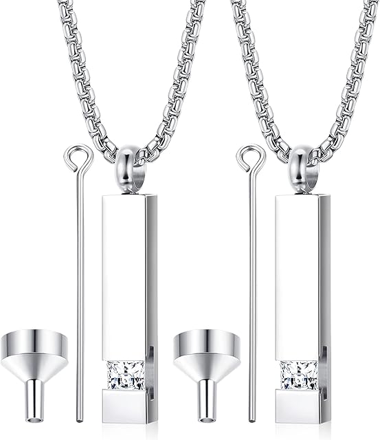 ADRAMATA Cremation Urn Pendant Necklace Set for Memorial Black Silver Stainless Steel Ashes Necklace with CZ Keepsakes Jewelry