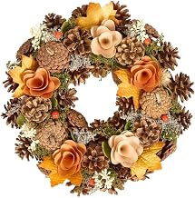 Autumn Wreath Wooden Garland Ornament Evergreen Wreath (Orange & Brown) | Halloween Decorations, Thanksgiving Decorations, Door Wreath, Garland, Pine Cone, Wooden Flower, Faux Berry