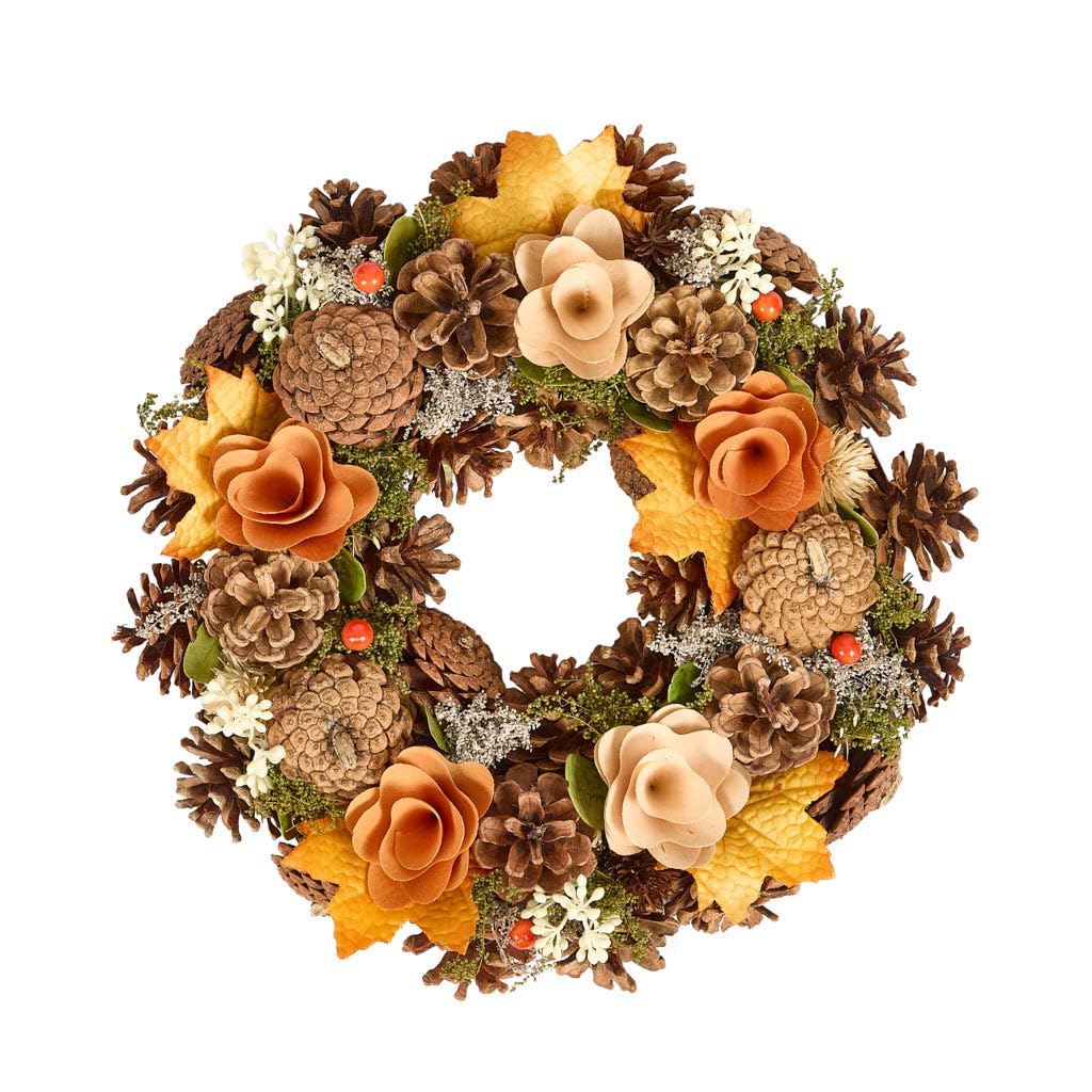 Autumn Wreath Wooden Garland Ornament Evergreen Wreath (Orange & Brown) — image 1
