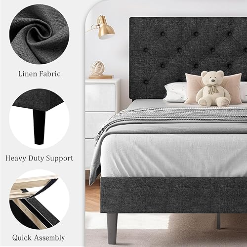 Miniatura 3 de HOMBCK - Base de cama tamaño individual con cabecera ajustable, base de cama tapizada en lino con listones de madera, bases de cama individuales