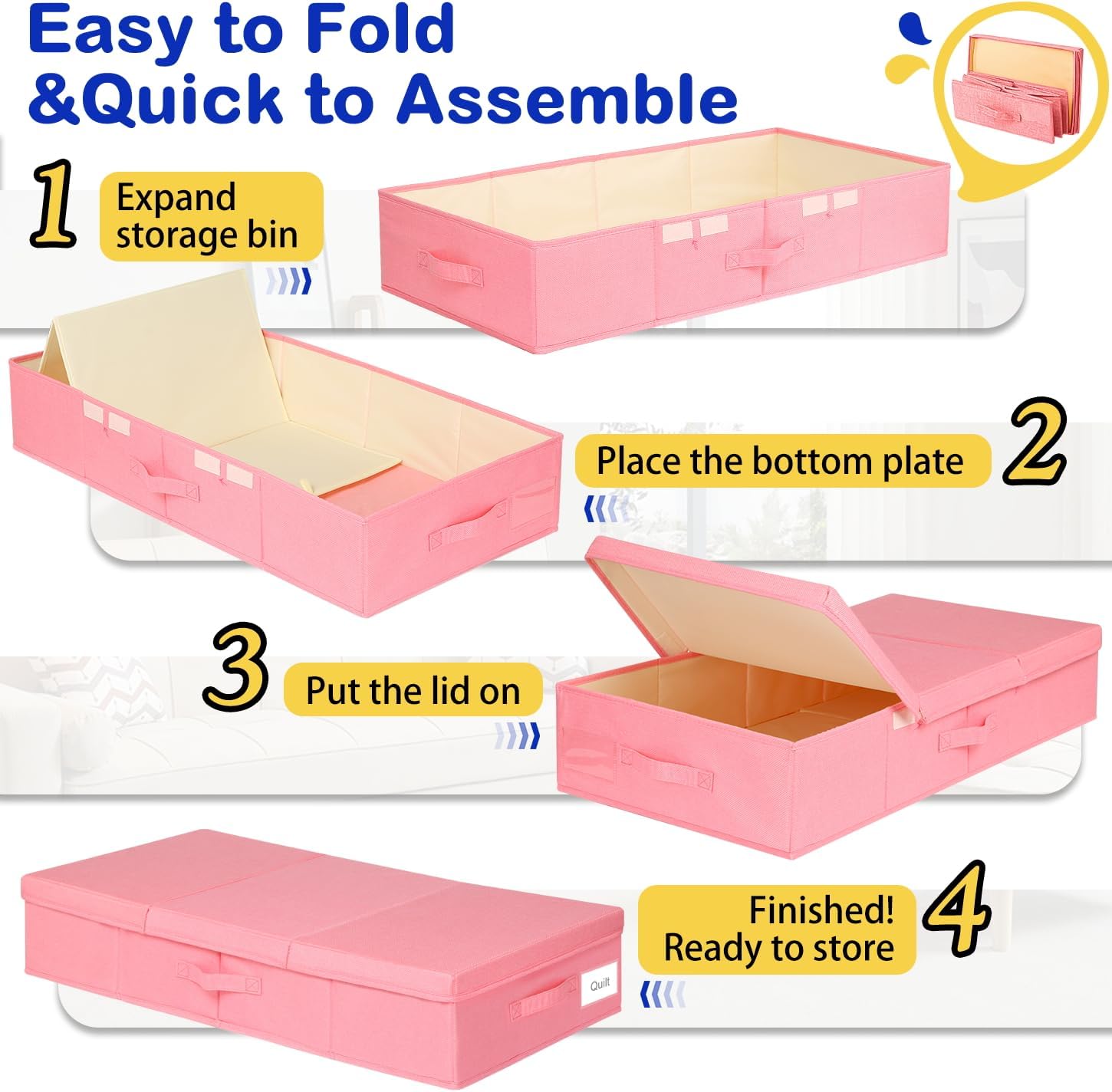 Under Bed Storage, Large Underbed Storage Containers with Lids, Foldable Clothes Storage Bins W/ Reinforced Handle for Bedroom Organization, Closet Organizers for Blanket, Shoe, Pillow -2 Pack, Pink