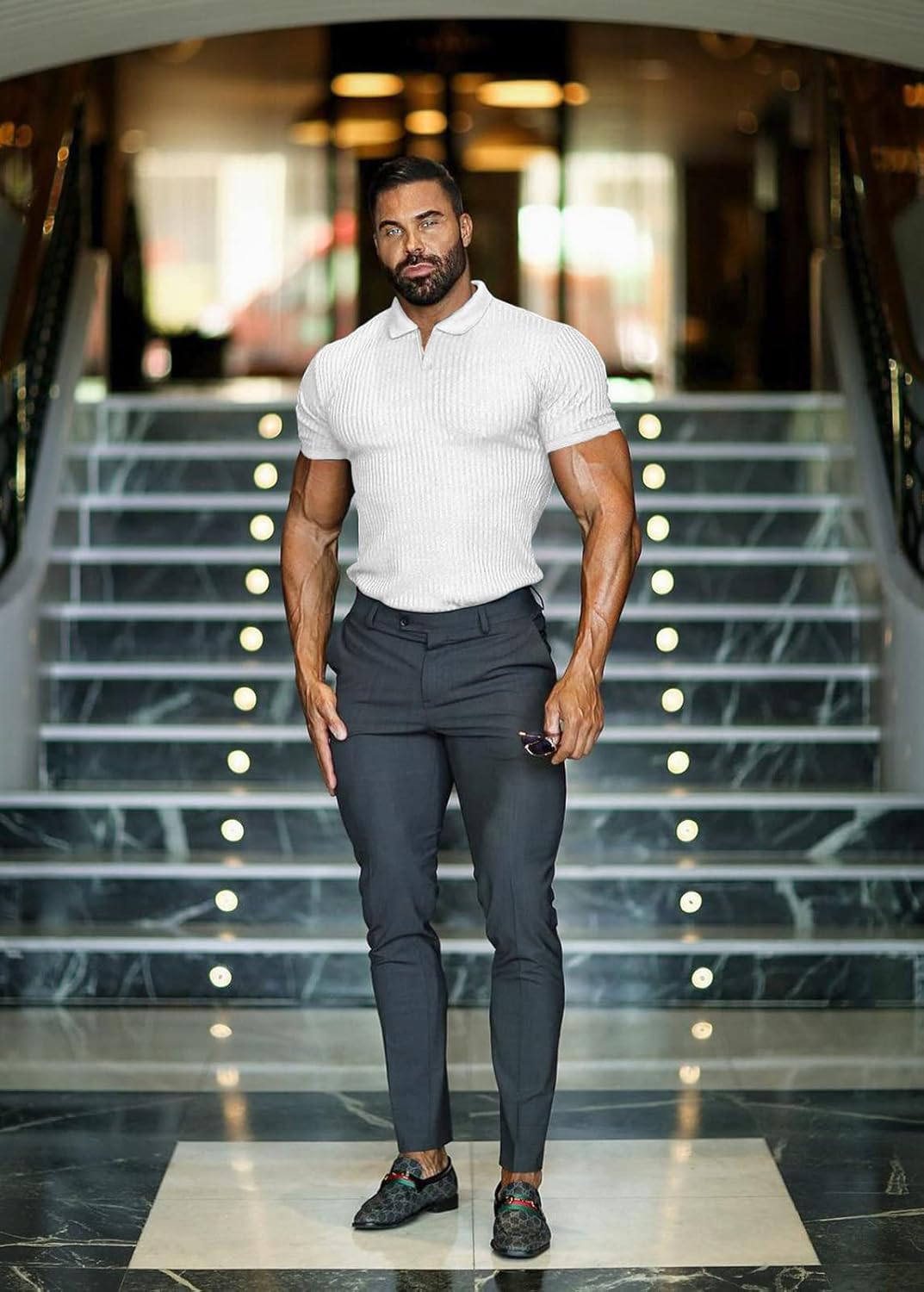 Collared Muscle Shirts for Men Ribbed Knit Slim Fit Polo Shirts Short Sleeve, Mens V Neck T Shirts Casual Stylish