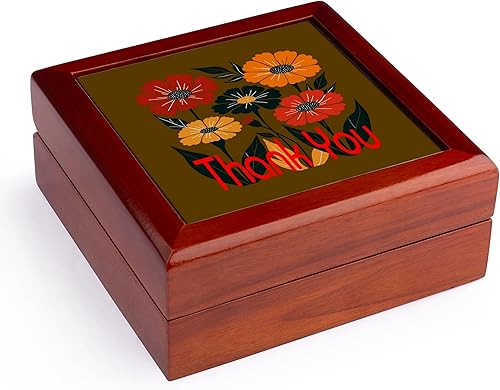 3dRose, Seventies Retro Style Bold Floral Thank You Greeting, Jewelry Box 5.5x5.5 inch with 4 inch tile