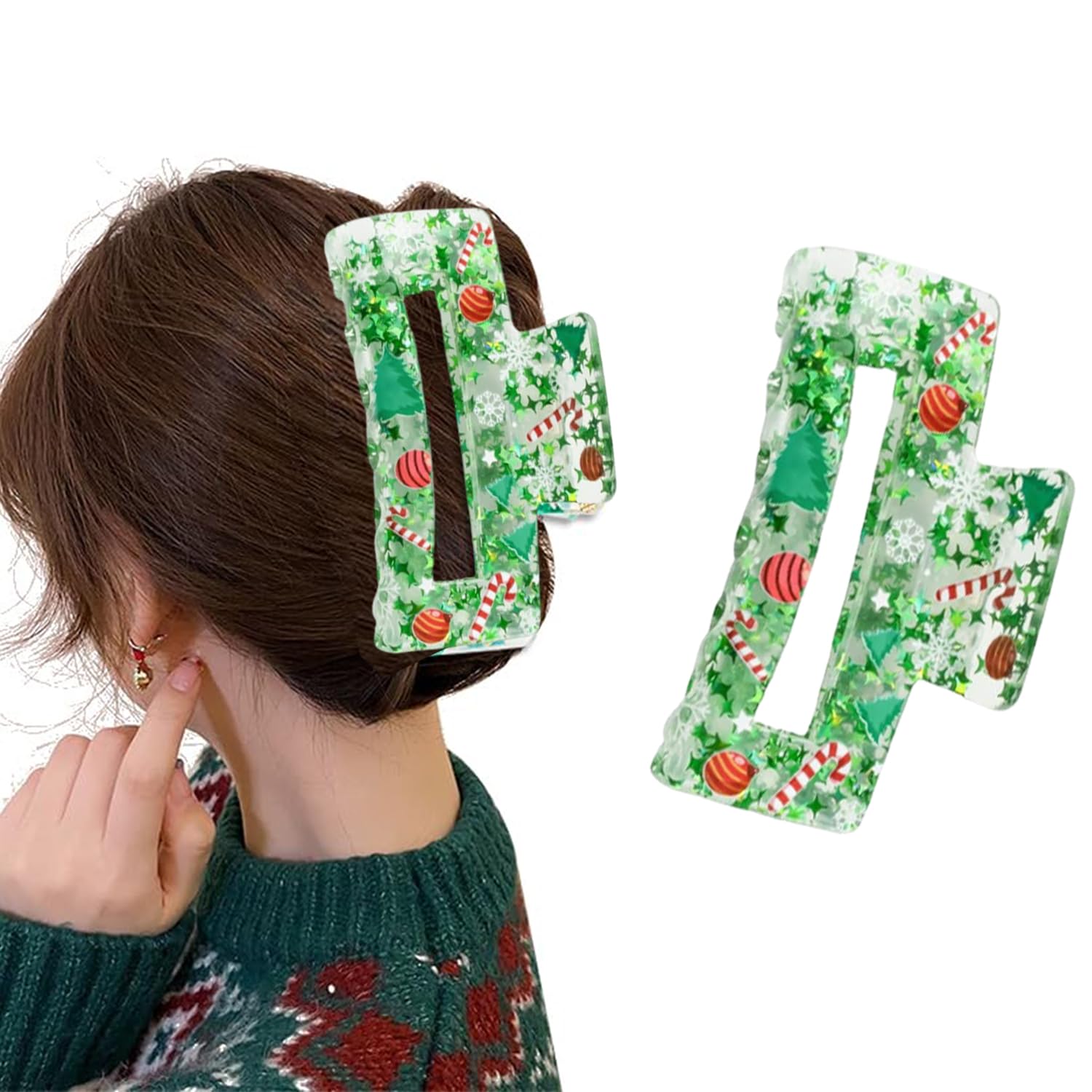 French Star Design Acrylic Square Large Hair Claw Clip - Green Christmas Tree Bell Winter Hair Claw Clips for Women - Thick & Thin Hair Accessories - 1Pcs
